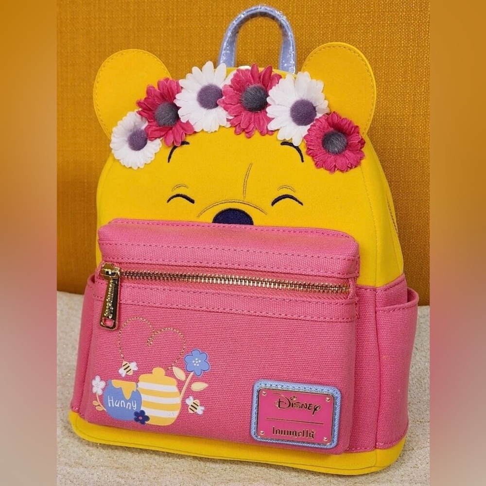 Disney Loungefly Winnie the Pooh Flower Crown Pink Flocked Mini Backpack, NWT.